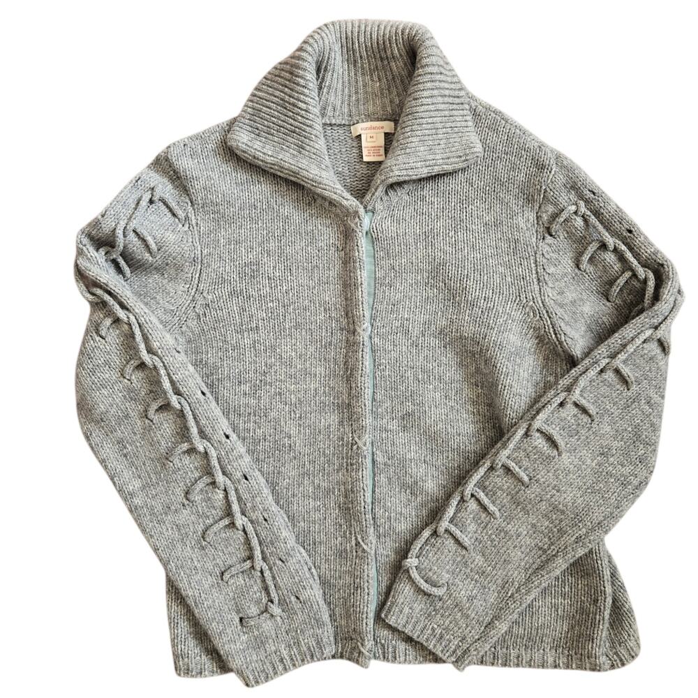 Sundance Lambswool Nautical Cardigan Snap Front Cozy Gray Women Medium